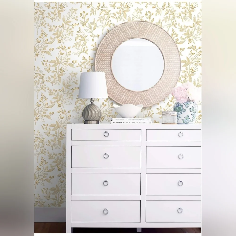 4 Rolls Floral Wallpaper Peel and Stick White and Gold Contact Paper Modern